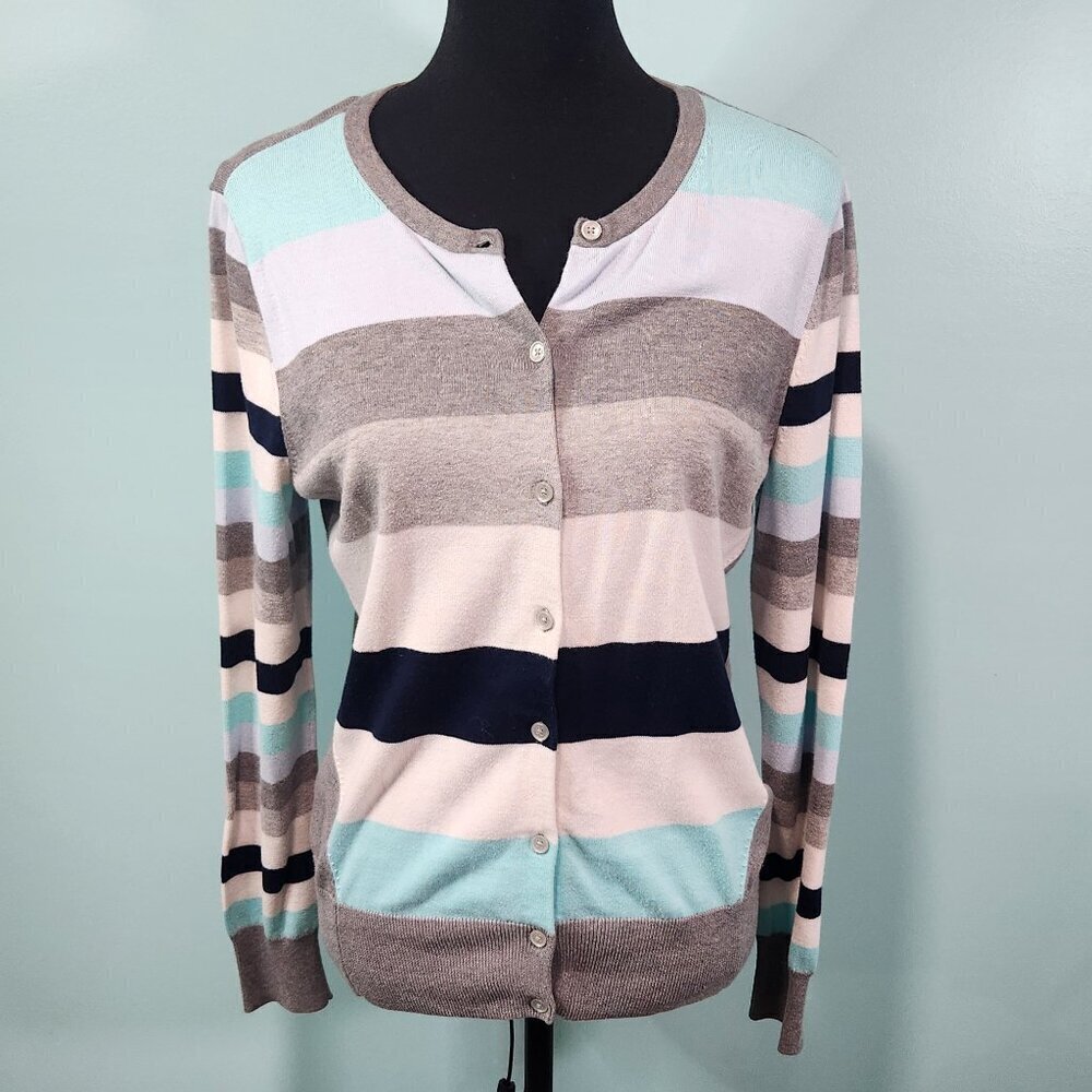 Lands End Striped Cardigan Blue/Gray Medium.  Lot E